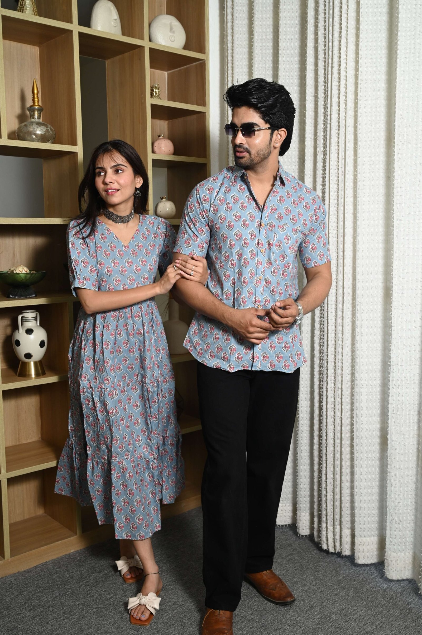 Couple Matching Sky Blue Cotton Anarkali Midi Dress and Shirt Set Pink Floral Print - Image 3